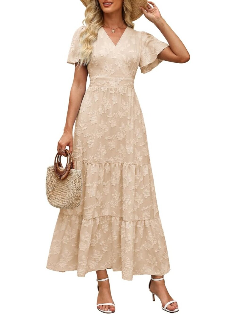 Women's Beige Short Flutter Sleeve V Neck Boho Floral Imported Maxi Dress